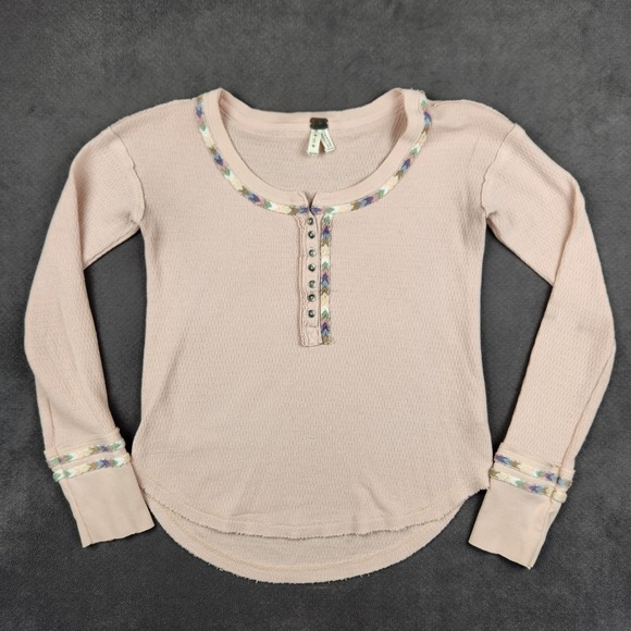 We The Free Tops - Free People We The Free Rainbow Thermal Henley Shirt Womens Small Pink Tee